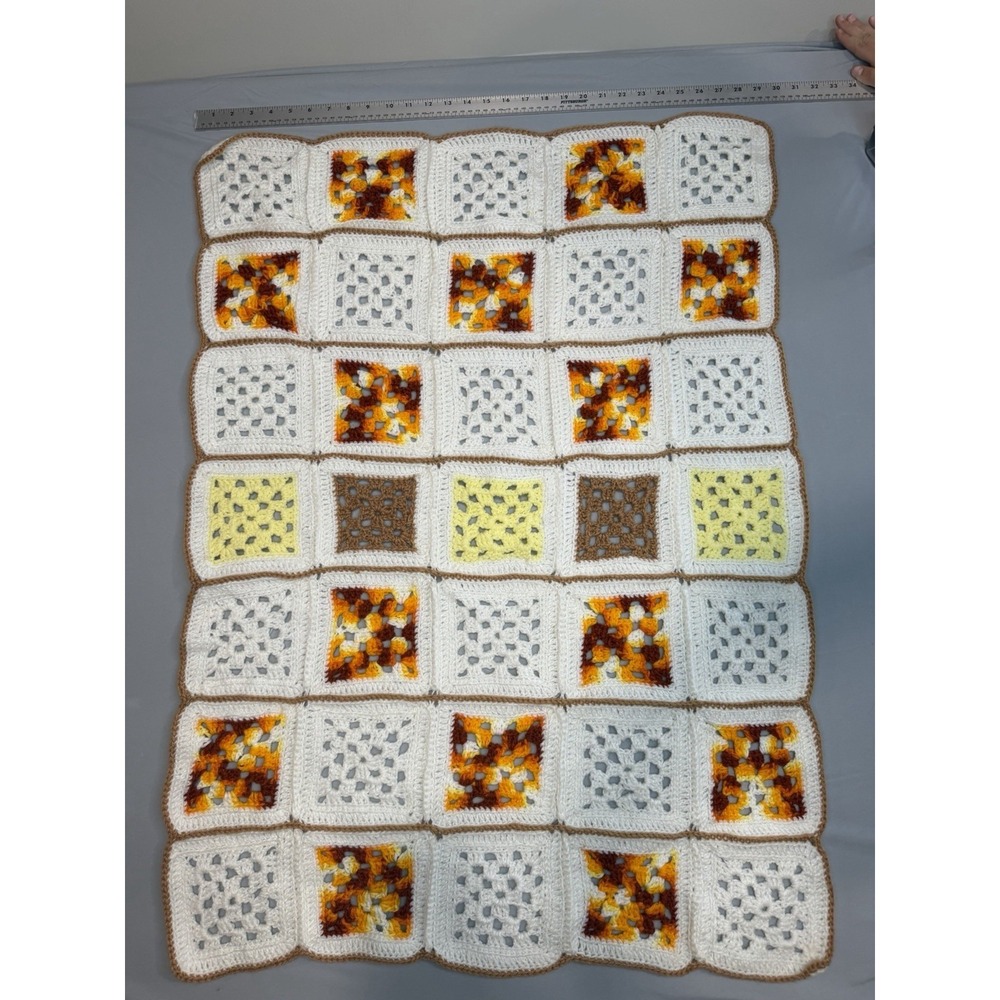 Baby-Aphgan-Blanket-Crochet-Handmade Unisex 40in X 29.5in White Brown Orange - Picture 3 of 4